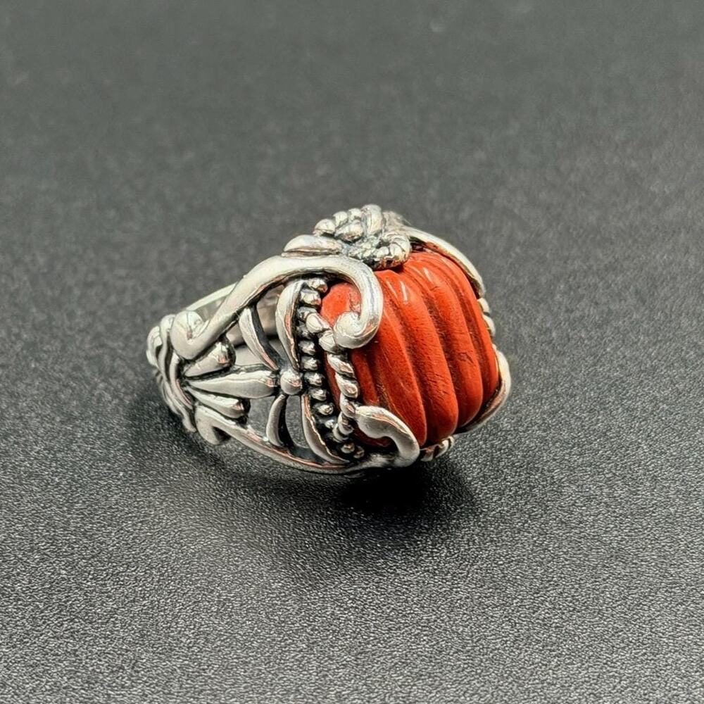 Vintage Carolyn Pollack Sterling Silver Red Jasper Ribbed Ring - Size 8.25